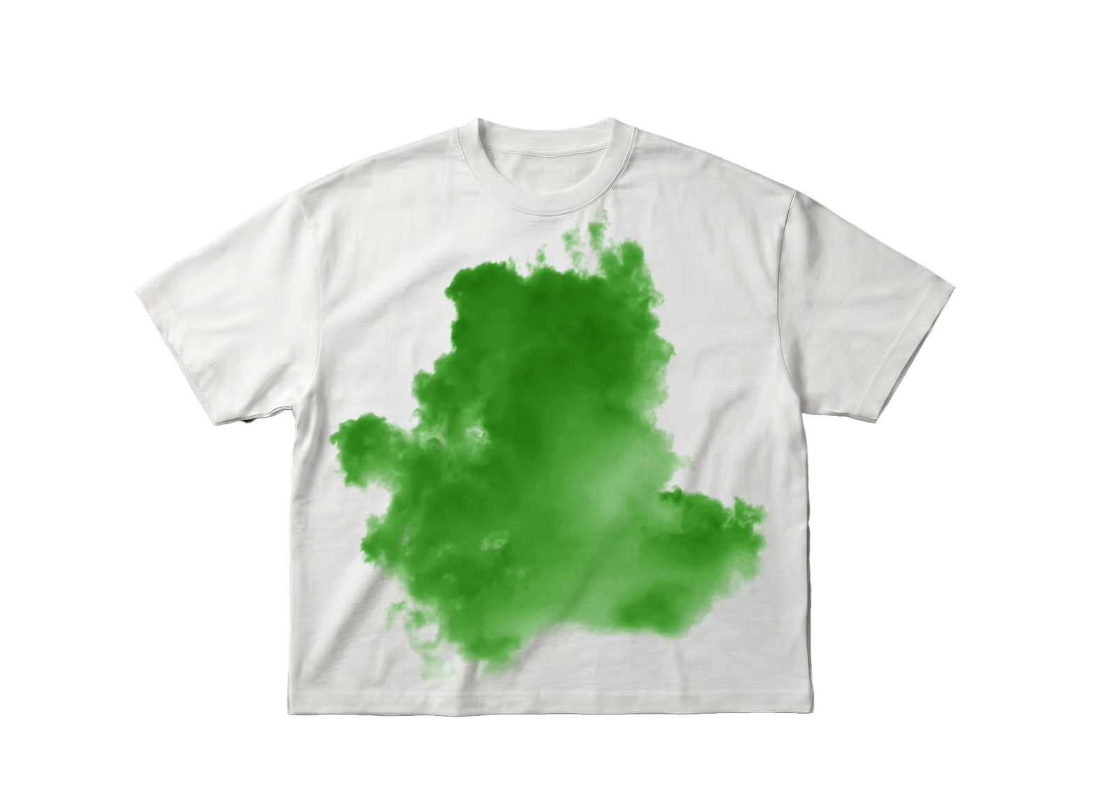CCCumulus Green 01 — flat lay front, white oversized tee with large green cloud print